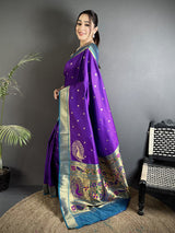 Dista Elora Purple Lichi Silk Paithani Peacock Motifs Zari Work Saree, view 2