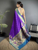 Dista Elora Purple Lichi Silk Paithani Peacock Motifs Zari Work Saree, view 3