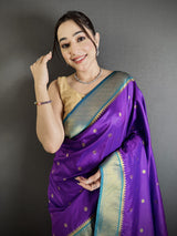 Dista Elora Purple Lichi Silk Paithani Peacock Motifs Zari Work Saree, view 4