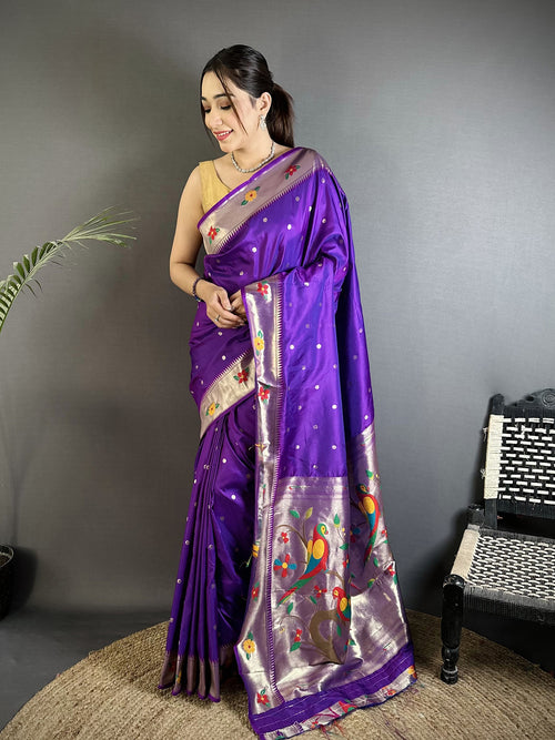 Dista Elora Purple Lichi Silk Parrot & Floral Woven Design Zari Weaving Paithani Saree