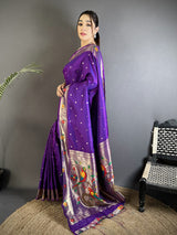 Dista Elora Purple Lichi Silk Parrot & Floral Woven Design Zari Weaving Paithani Saree, view 2