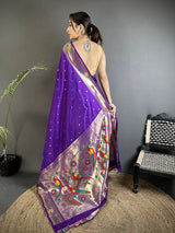 Dista Elora Purple Lichi Silk Parrot & Floral Woven Design Zari Weaving Paithani Saree, view 3