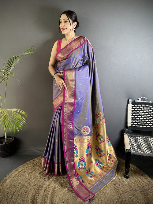 Dista Elora Purple Lichi Silk Peacock Ethnic Motifs Zari Woven Paithani Saree
