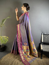 Dista Elora Purple Lichi Silk Peacock Ethnic Motifs Zari Woven Paithani Saree, view 2