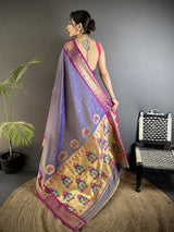 Dista Elora Purple Lichi Silk Peacock Ethnic Motifs Zari Woven Paithani Saree, view 3