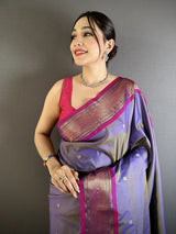Dista Elora Purple Lichi Silk Peacock Ethnic Motifs Zari Woven Paithani Saree, view 4