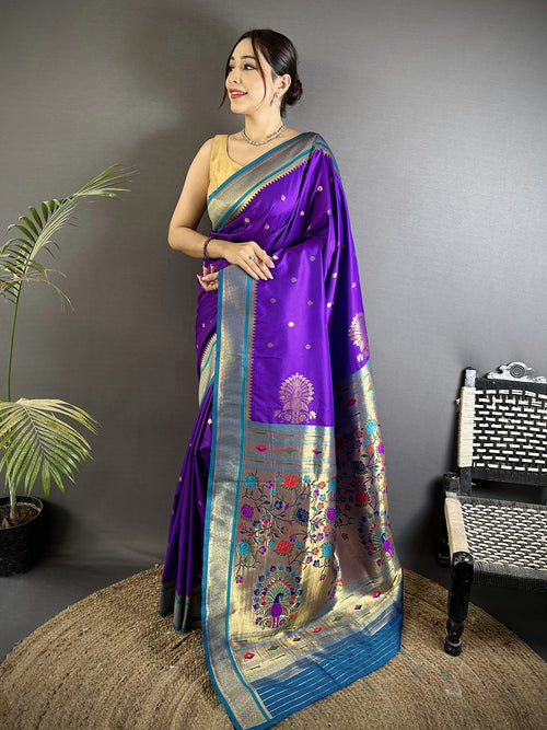 Dista Elora Purple Lichi Silk Peacock & Floral Motifs Zari Weaving Paithani Saree