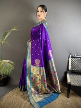 Dista Elora Purple Lichi Silk Peacock & Floral Motifs Zari Weaving Paithani Saree, view 2
