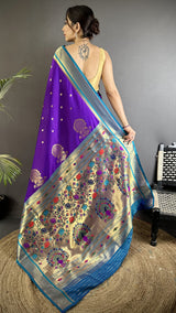 Dista Elora Purple Lichi Silk Peacock & Floral Motifs Zari Weaving Paithani Saree, view 3