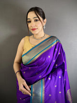 Dista Elora Purple Lichi Silk Peacock & Floral Motifs Zari Weaving Paithani Saree, view 4