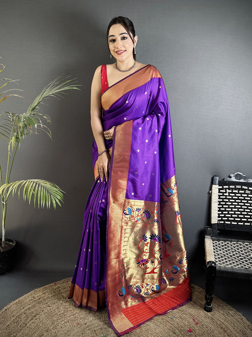 Dista Elora Purple Lichi Silk Peacock Motifs Zari weaving Paithani Saree