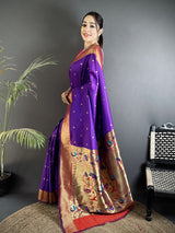 Dista Elora Purple Lichi Silk Peacock Motifs Zari weaving Paithani Saree, view 2