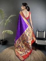 Dista Elora Purple Lichi Silk Peacock Motifs Zari weaving Paithani Saree, view 3