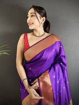 Dista Elora Purple Lichi Silk Peacock Motifs Zari weaving Paithani Saree, view 5