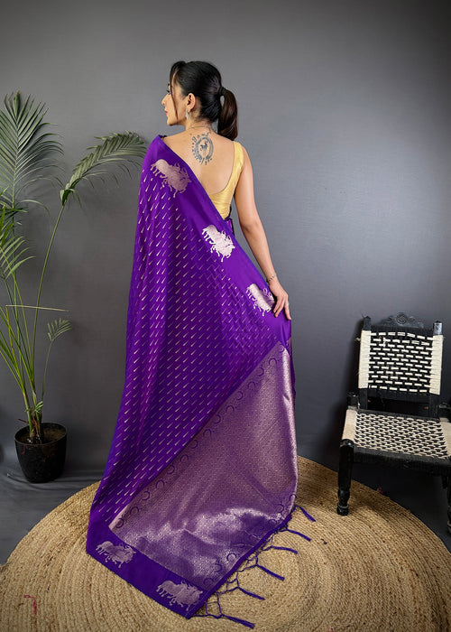 Dista Elora Purple Lichi Silk Striped Jacquard Zari Weaving Banarasi Saree
