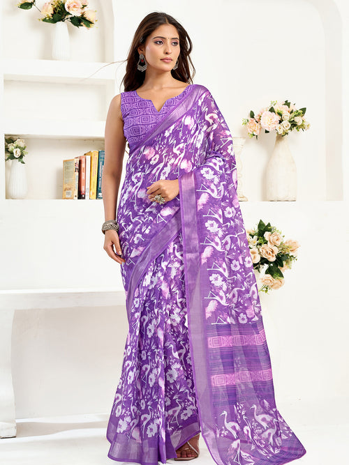 Dista Elora Purple Linen Floral and Bird Motifs Printed Ready to Wear Saree