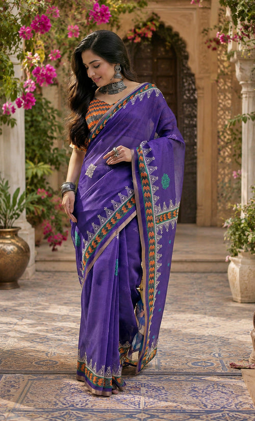 Dista Elora Purple Linen Floral & Geometric Motifs Digital Print Bollywood Saree