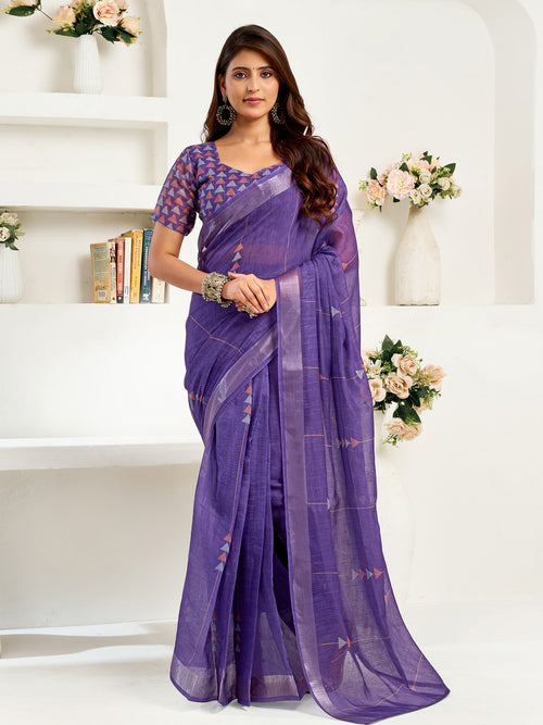 Dista Elora Purple Linen Geometric Printed Ready to Wear Saree