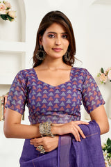 Dista Elora Purple Linen Geometric Printed Ready to Wear Saree, view 2