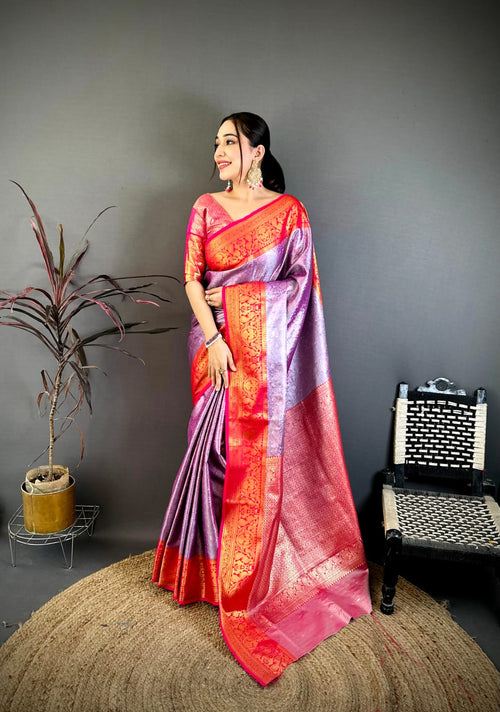 Dista Elora Purple & Red Soft Silk Floral Zari Weaving Banarasi Saree