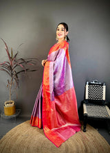Dista Elora Purple & Red Soft Silk Floral Zari Weaving Banarasi Saree, view 2