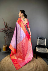 Dista Elora Purple & Red Soft Silk Floral Zari Weaving Banarasi Saree, view 3