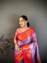 Dista Elora Purple & Red Soft Silk Floral Zari Weaving Banarasi Saree, view 4