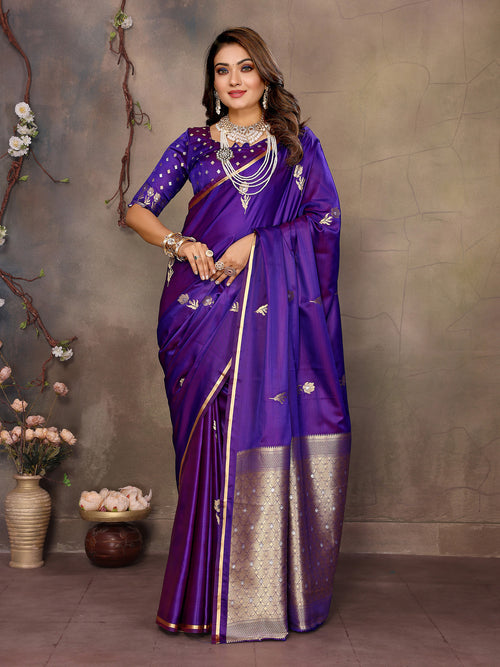 Dista Elora Purple Satin Silk Floral & Botanical Motifs Zari Woven Banarasi Saree