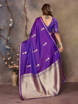 Dista Elora Purple Satin Silk Floral & Botanical Motifs Zari Woven Banarasi Saree, view 3