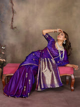 Dista Elora Purple Satin Silk Floral & Botanical Motifs Zari Woven Banarasi Saree, view 4