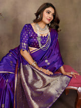 Dista Elora Purple Satin Silk Floral & Botanical Motifs Zari Woven Banarasi Saree, view 5