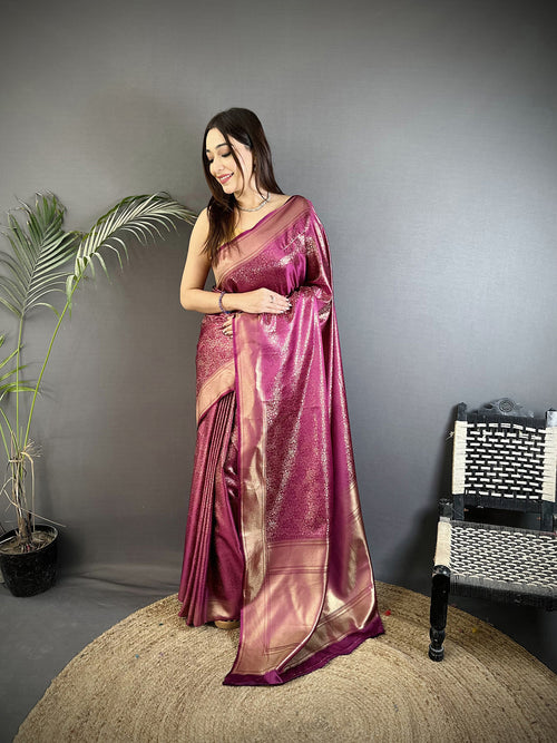 Dista Elora Purple Satin Silk Floral Motifs & Ethnic Silver Zari Design Kanchipuram Saree