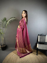 Dista Elora Purple Satin Silk Floral Motifs & Ethnic Silver Zari Design Kanchipuram Saree, view 2