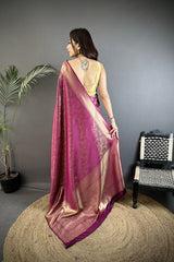 Dista Elora Purple Satin Silk Floral Motifs & Ethnic Silver Zari Design Kanchipuram Saree, view 3