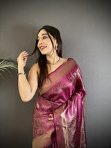 Dista Elora Purple Satin Silk Floral Motifs & Ethnic Silver Zari Design Kanchipuram Saree, view 4