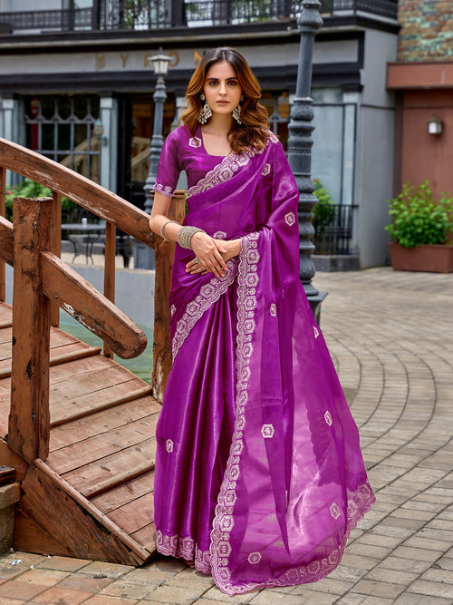 Dista Elora Purple Shimmer Chiffon Geometric Embroidery Work Bollywood Saree