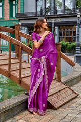Dista Elora Purple Shimmer Chiffon Geometric Embroidery Work Bollywood Saree, view 4