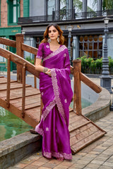 Dista Elora Purple Shimmer Chiffon Geometric Embroidery Work Bollywood Saree, view 5