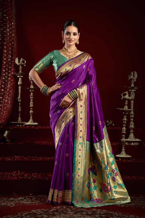 Dista Elora Purple Silk Blend Butti Weaving Paithani Saree