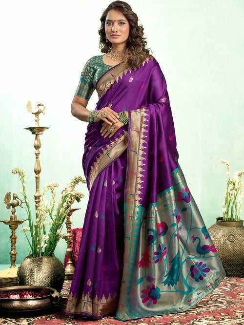 Dista Elora Purple Silk Blend Peacock Motifs Weaving Paithani Saree