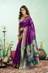 Dista Elora Purple Silk Blend Peacock Motifs Weaving Paithani Saree, view 2