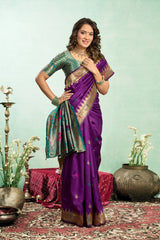 Dista Elora Purple Silk Blend Peacock Motifs Weaving Paithani Saree, view 3