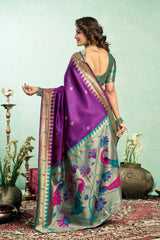Dista Elora Purple Silk Blend Peacock Motifs Weaving Paithani Saree, view 4