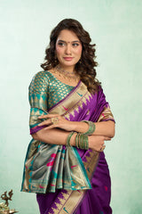 Dista Elora Purple Silk Blend Peacock Motifs Weaving Paithani Saree, view 5