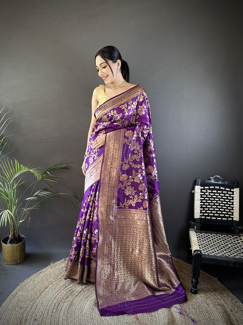 Dista Elora Purple Soft Banarasi Silk Floral & Ethnic Motifs Meenakari Zari Weaving Banarasi Saree