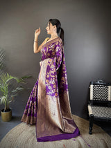 Dista Elora Purple Soft Banarasi Silk Floral & Ethnic Motifs Meenakari Zari Weaving Banarasi Saree, view 2