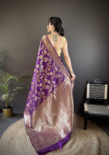 Dista Elora Purple Soft Banarasi Silk Floral & Ethnic Motifs Meenakari Zari Weaving Banarasi Saree, view 3