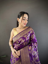 Dista Elora Purple Soft Banarasi Silk Floral & Ethnic Motifs Meenakari Zari Weaving Banarasi Saree, view 5