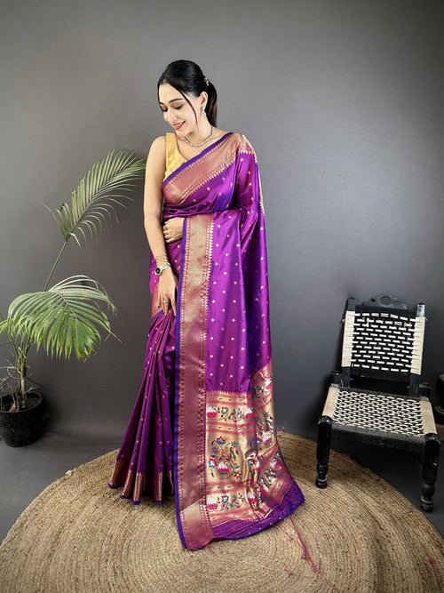 Dista Elora Purple Soft Lichi Silk Butti Meenakari Work Paithani Saree