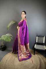 Dista Elora Purple Soft Lichi Silk Butti Meenakari Work Paithani Saree, view 2